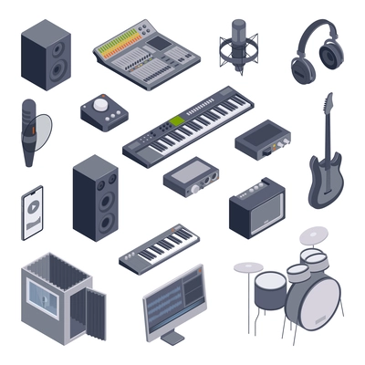 Isometric music recording studio set with isolated icons of midi keyboards microphones loudspeakers and mixing console vector illustration
