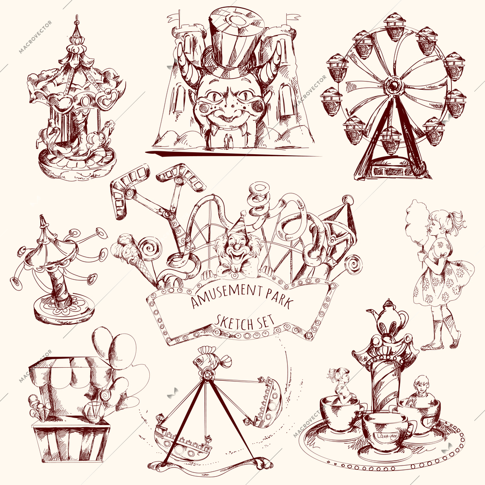 Amusement park carnival attractions sketch decorative icons set isolated vector illustration