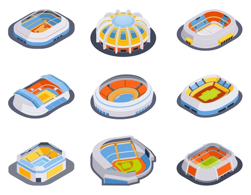 Isometric sport stadium set with isolated icons of modern arena for different sports on blank background vector illustration