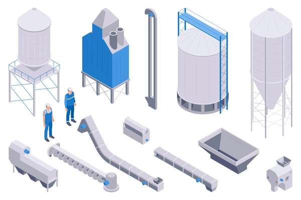 Isometric production grain elevator set of isolated icons with characters of workers silos and stipping auger vector illustration