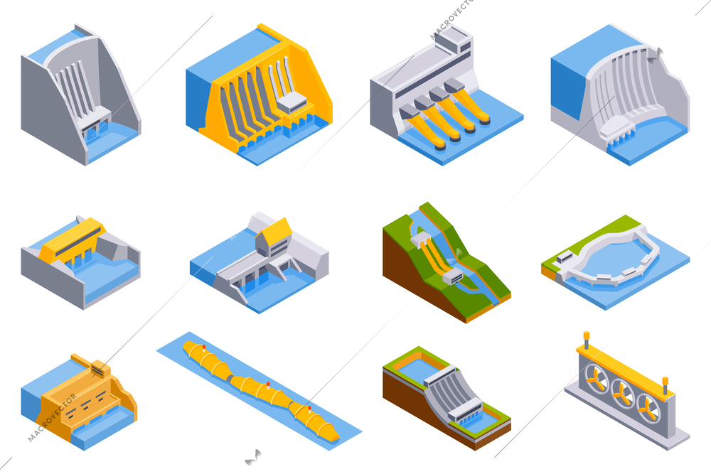 Isometric hydroelectric power station set of isolated icons with various industrial factory buildings on blank background vector illustration