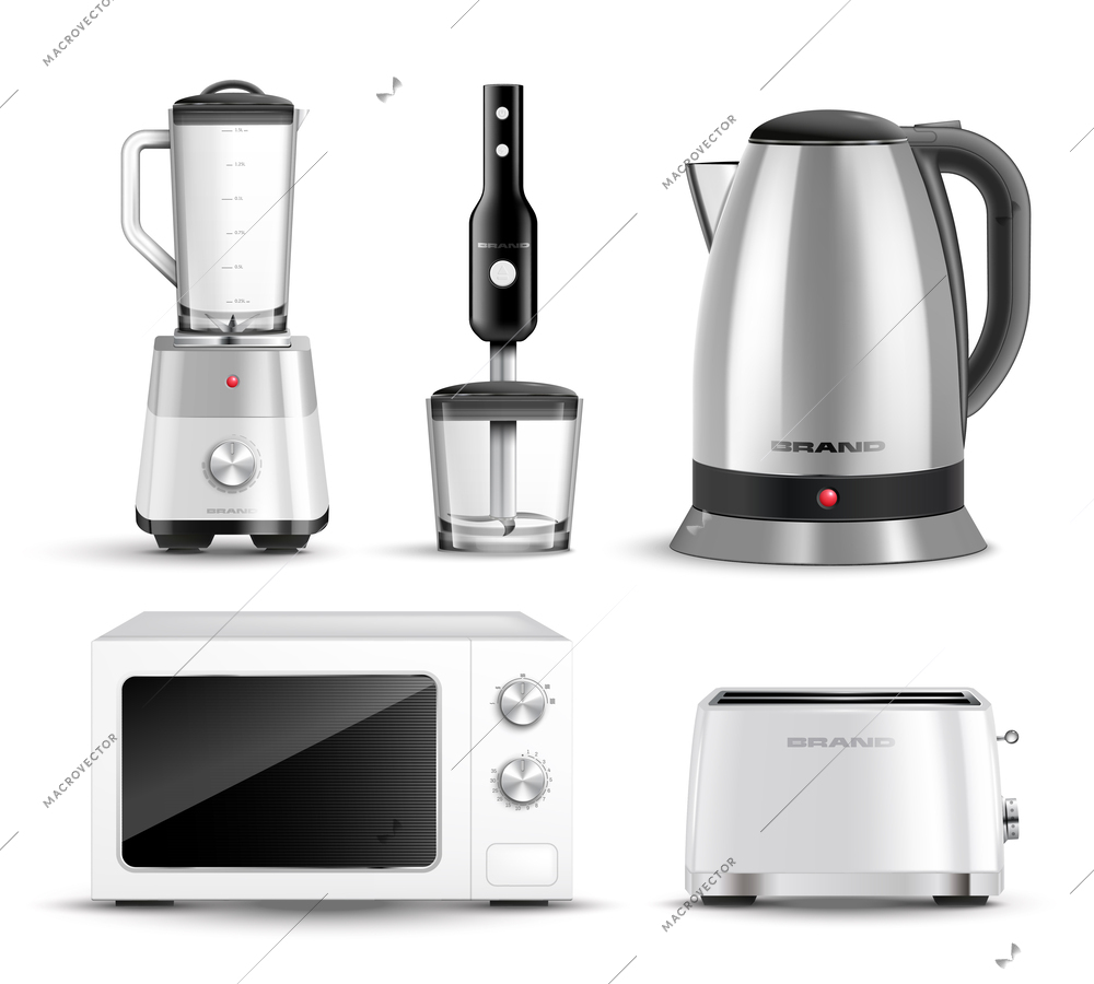 Realistic set of modern kitchen appliances with blender kettle microwave oven and toaster isolated vector illustration