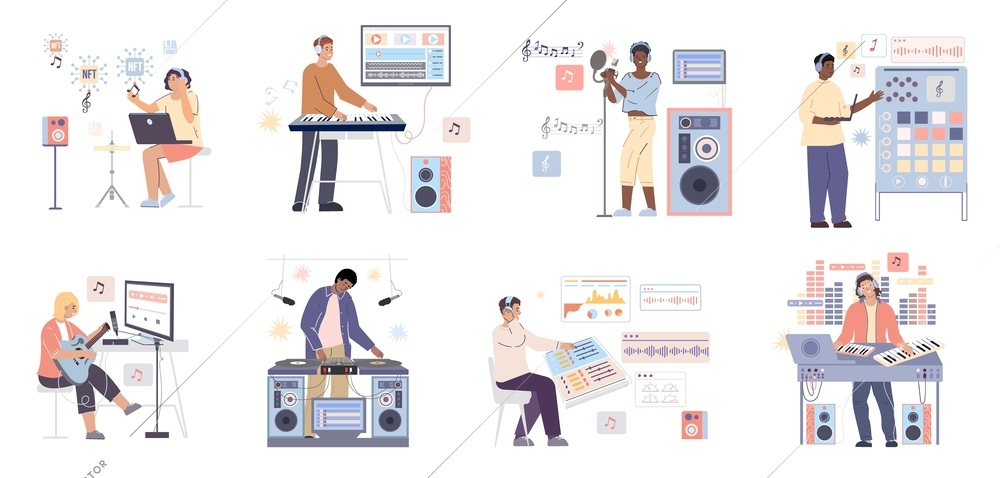 Digital music creation flat set of musicians creating and recording music using modern electronic equipment isolated vector illustration