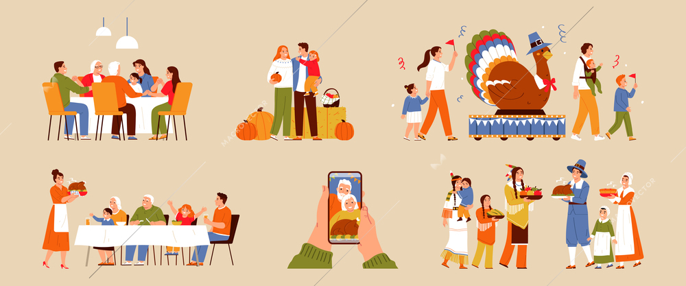 Families celebrating thanksgiving day flat set on color background isolated vector illustration