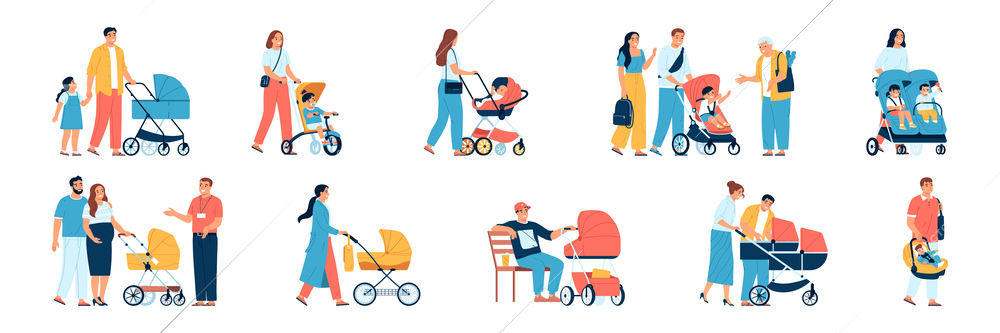 Mothers and fathers with various baby carriages flat set isolated vector illustration
