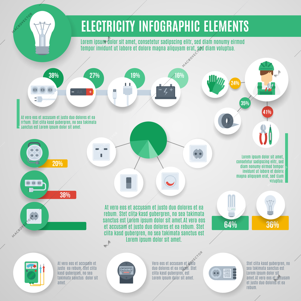 Electricity infographics set with professional electrician tools and charts vector illustration