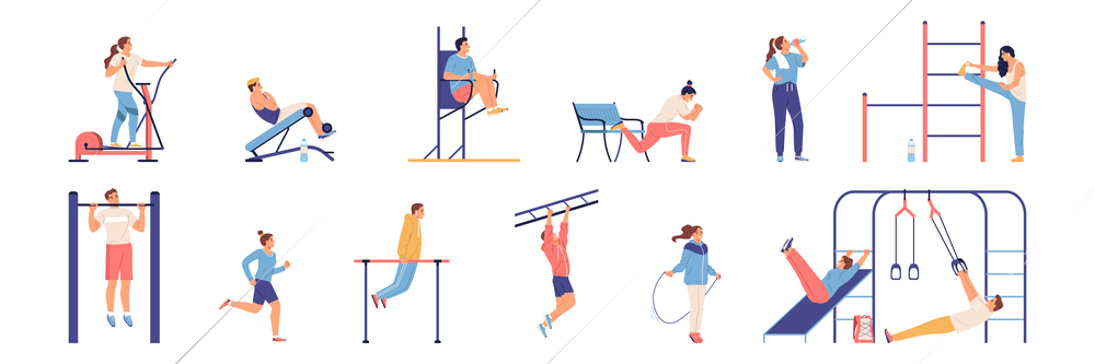 People doing workout using various sport equipment flat set isolated vector illustration