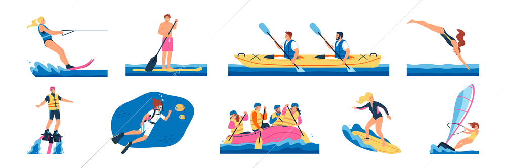 Water sport flat set with happy people swimming kayaking skiing scuba diving paddle boarding isolated vector illustration