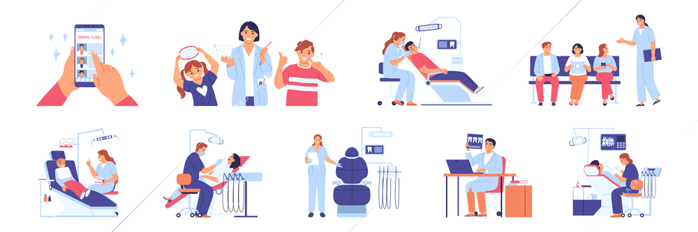 Dentist flat set with characters of patients and doctors during teeth checkup isolated vector illustration