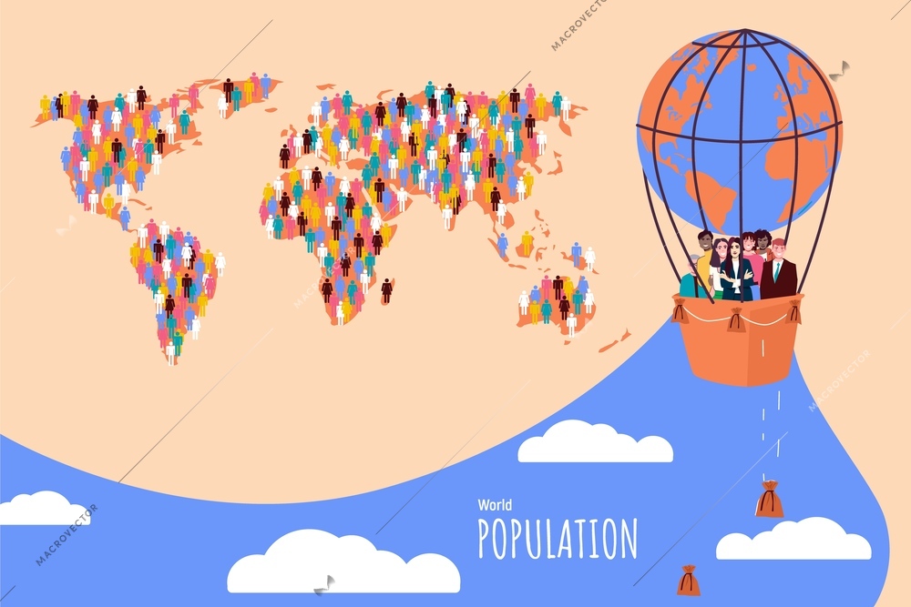 World population collage in flat style with map and people flying in balloon vector illustration