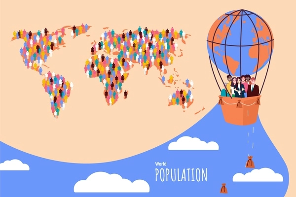 World population collage in flat style with map and people flying in balloon vector illustration