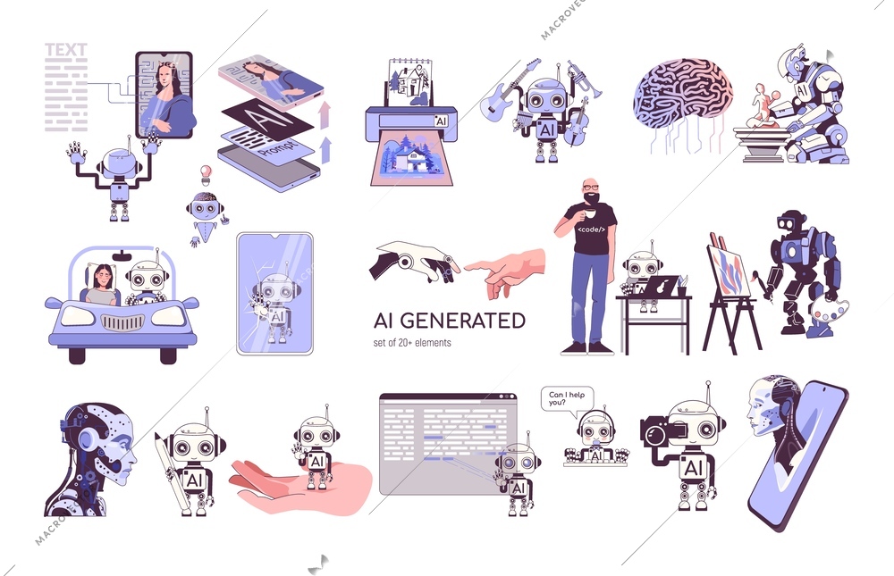 Ai generated set with flat isolated icons of gadgets artificial brain and robots interacting with people vector illustration