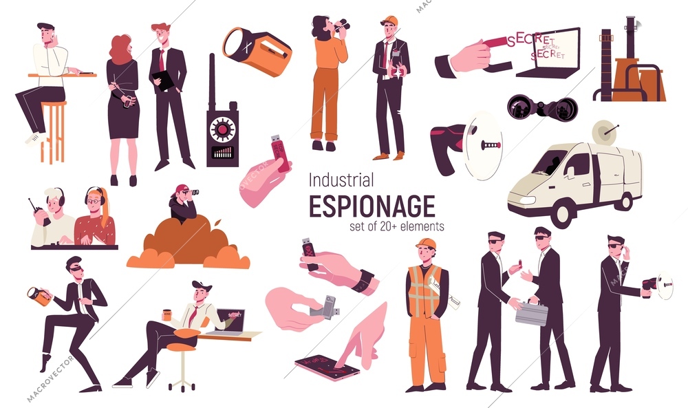 Industrial espionage flat set with isolated icons of criminal workers human hands text and spy gadgets vector illustration