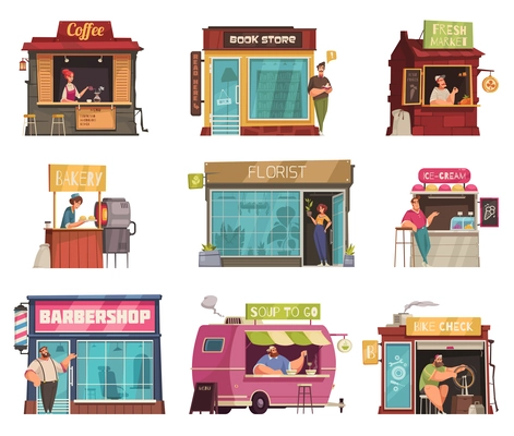 Owner of small business flat set of bike check florist fresh market barbershop ice cream bakery compositions isolated vector illustration