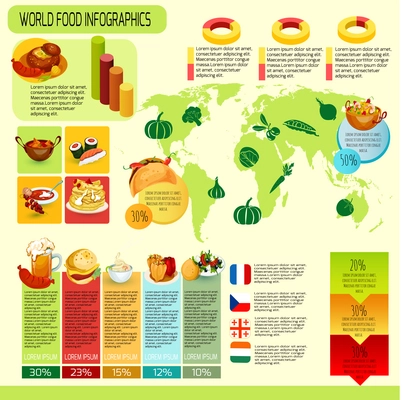 International cuisine infographics with world map food symbols and charts vector illustration