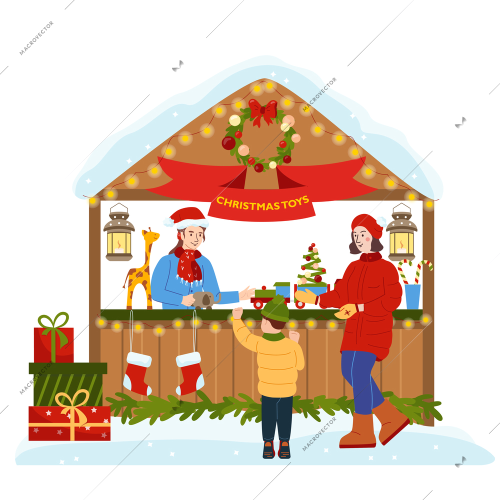 Christmas fair flat composition with view of open stall with gift boxes decorations and happy people vector illustration