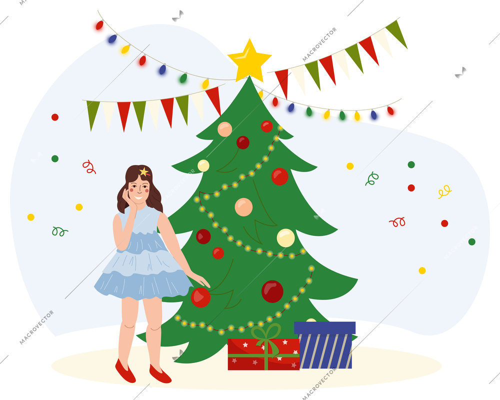 Happy kid in blue dress standing near decorated christmas tree with gift boxes and garlands flat vector illustration