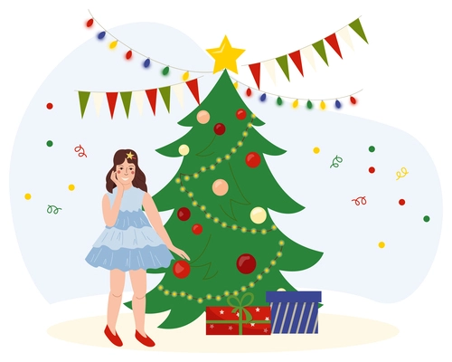 Happy kid in blue dress standing near decorated christmas tree with gift boxes and garlands flat vector illustration