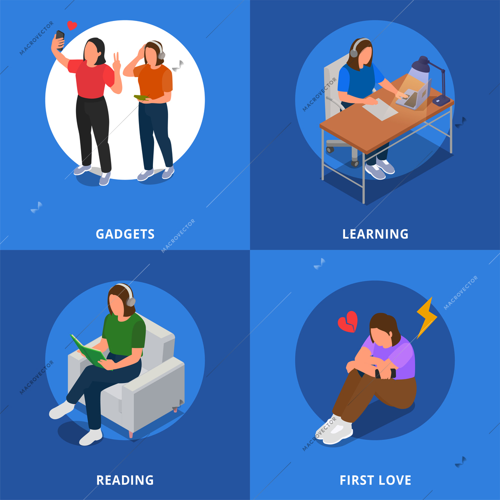 Teenagers concept icons set with first love symbols isometric isolated vector illustration