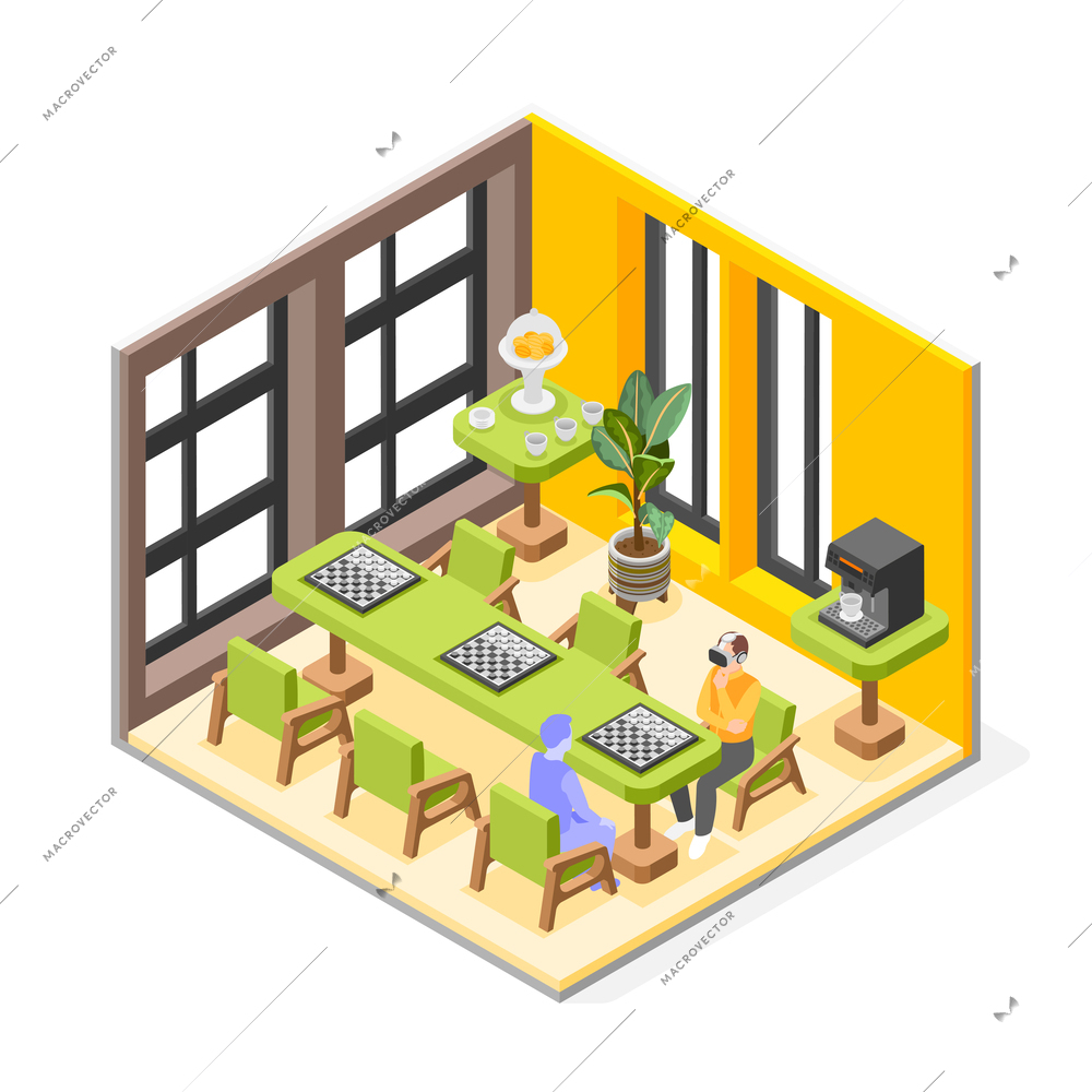 VR sports trainings isometric concept with man plays chess with a virtual opponent vector illustration