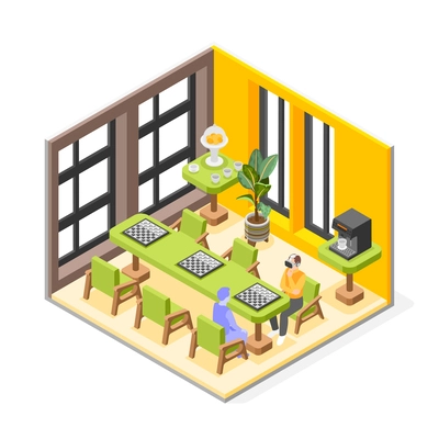 VR sports trainings isometric concept with man plays chess with a virtual opponent vector illustration