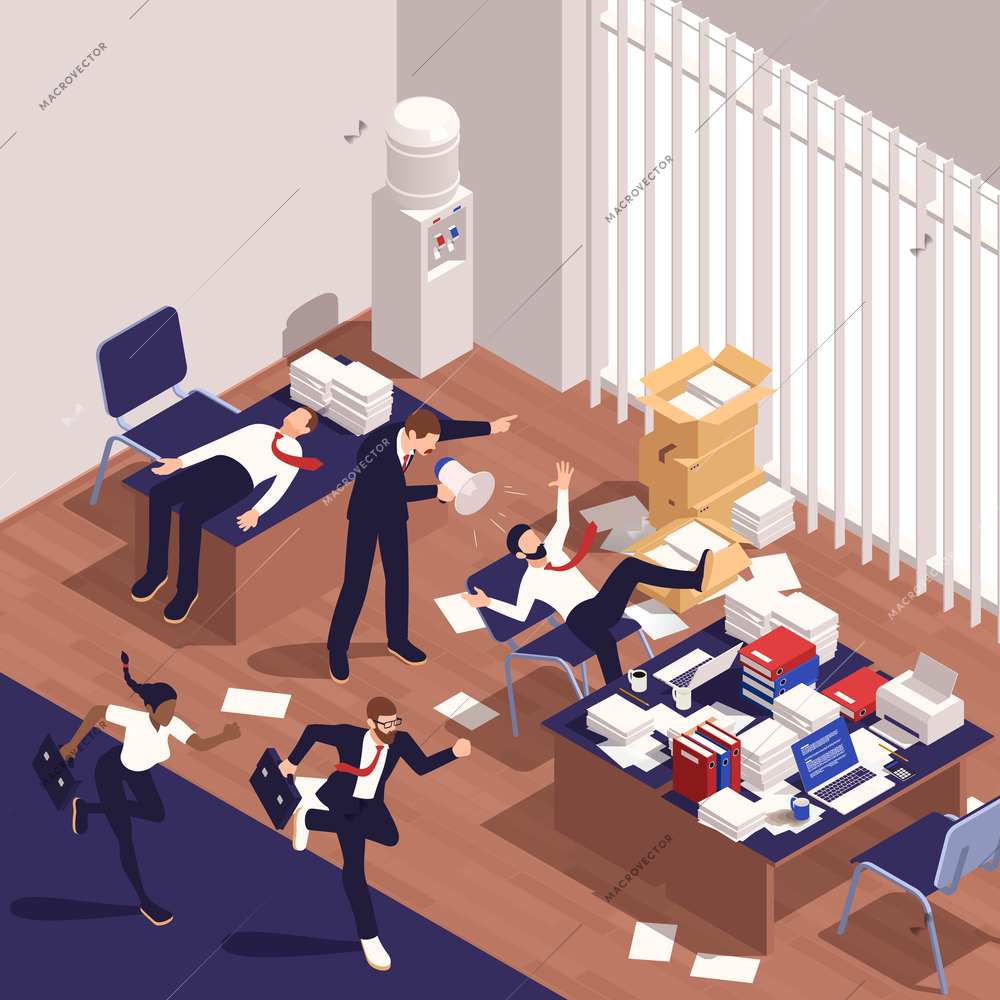 Office people in stress isometric composition with exhausted men at work places vector illustration