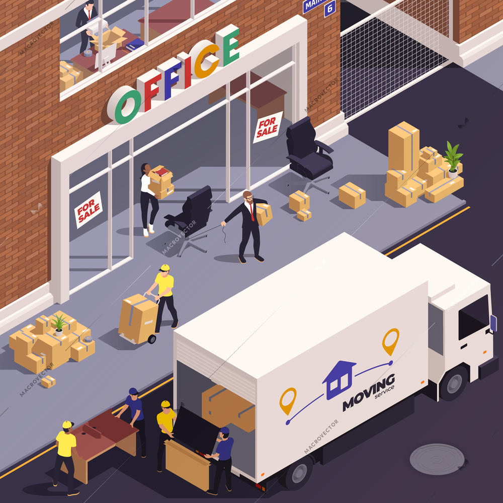 Relocation service isometric concept with moving company relocating people vector illustration