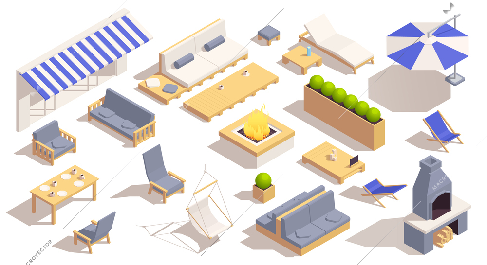 Street cafe isometric icons set with outdoor furniture items isolated vector illustration
