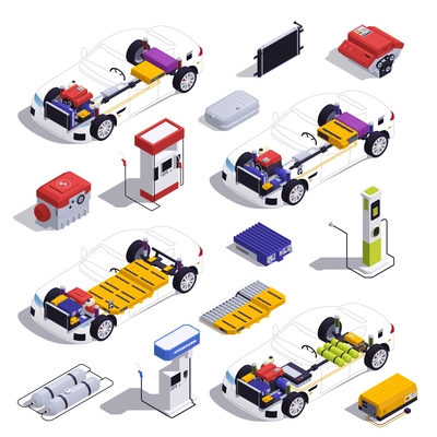 PHEV vehicles isometric icons set with plug in hybrid auto components isolated vector illustration