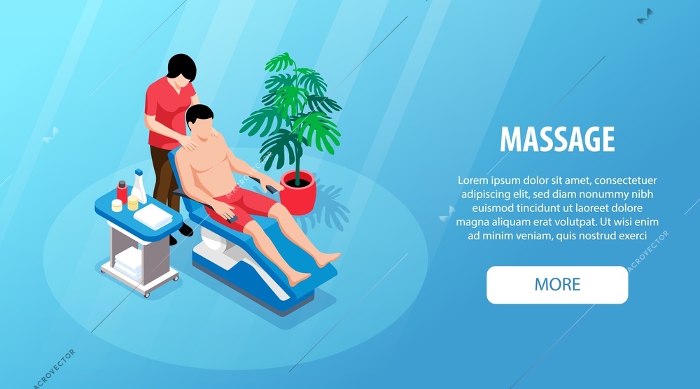 Isometric massage horizontal banner with more button editable text and man in massage chair with physician vector illustration