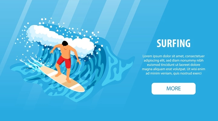 Surfing horizontal blue banner with sportsman on surfboard engaged in extreme summer water sport isometric vector illustration