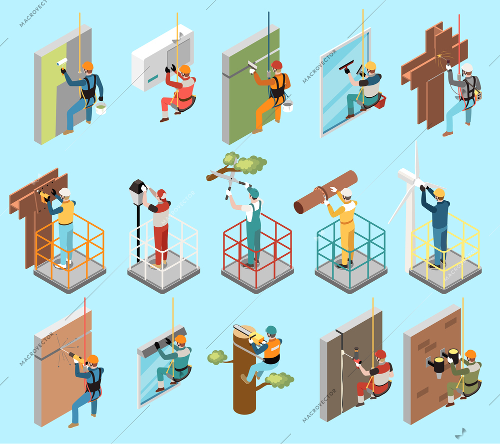 Height work isometric set of people working in field of industrial alpinism isolated vector illustration