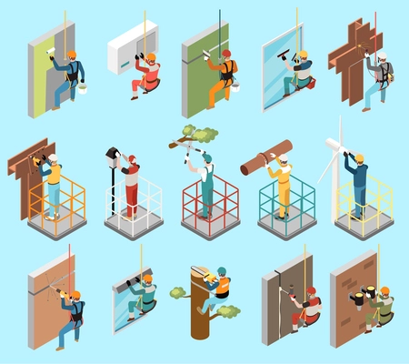 Height work isometric set of people working in field of industrial alpinism isolated vector illustration