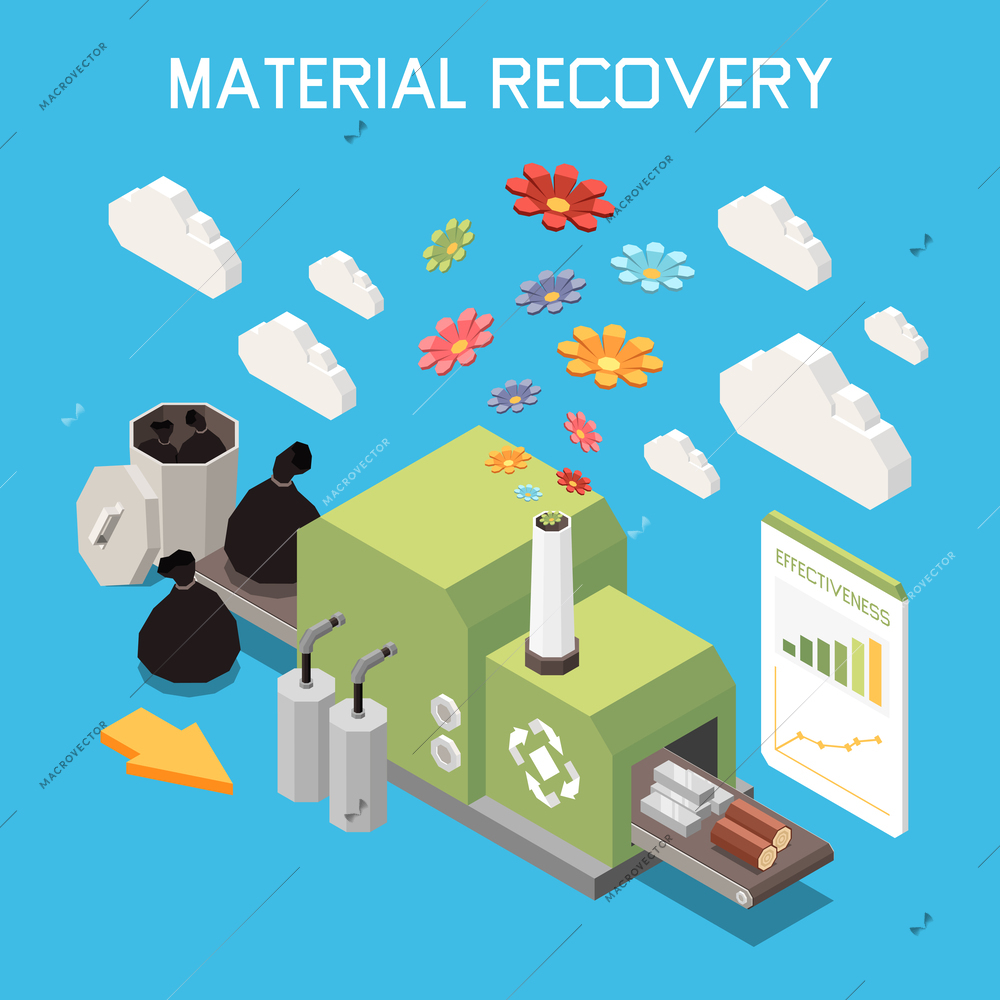 Sustainable manufacturing abstract  background decorated isometric icons on theme of material recovery vector illustration