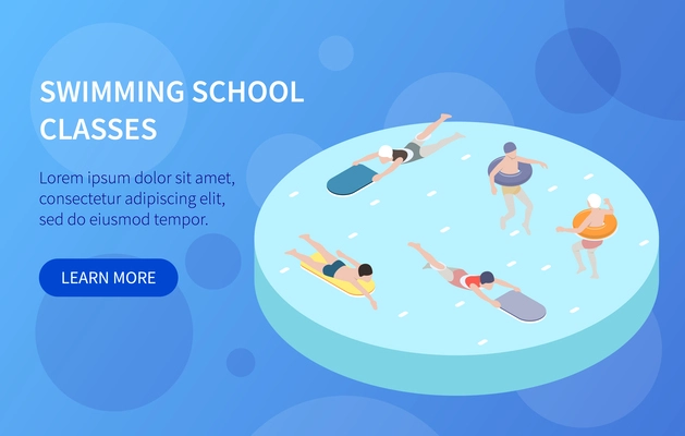 Swimming school classes isometric background with children swimming in pool with kickboards  and rings vector illustration