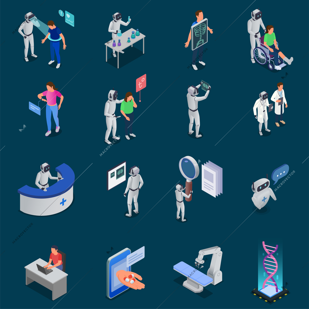 Ai in medicine isometric icons set with medical equipment robots and patients isolated vector illustration