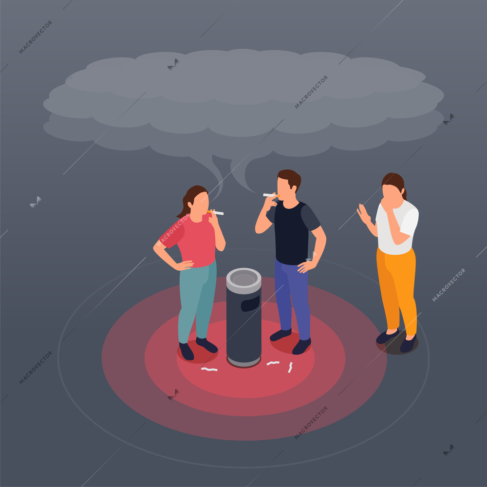 Air pollution isometric concept with people smoking in public place and woman breathing in tobacco vector illustration