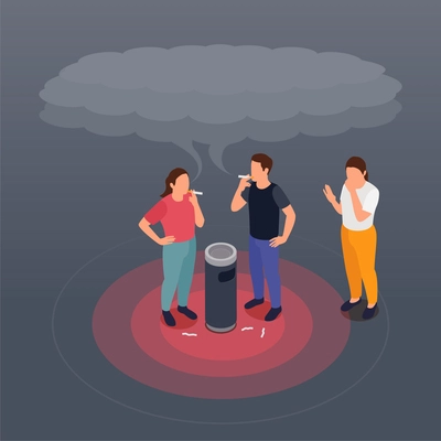 Air pollution isometric concept with people smoking in public place and woman breathing in tobacco vector illustration