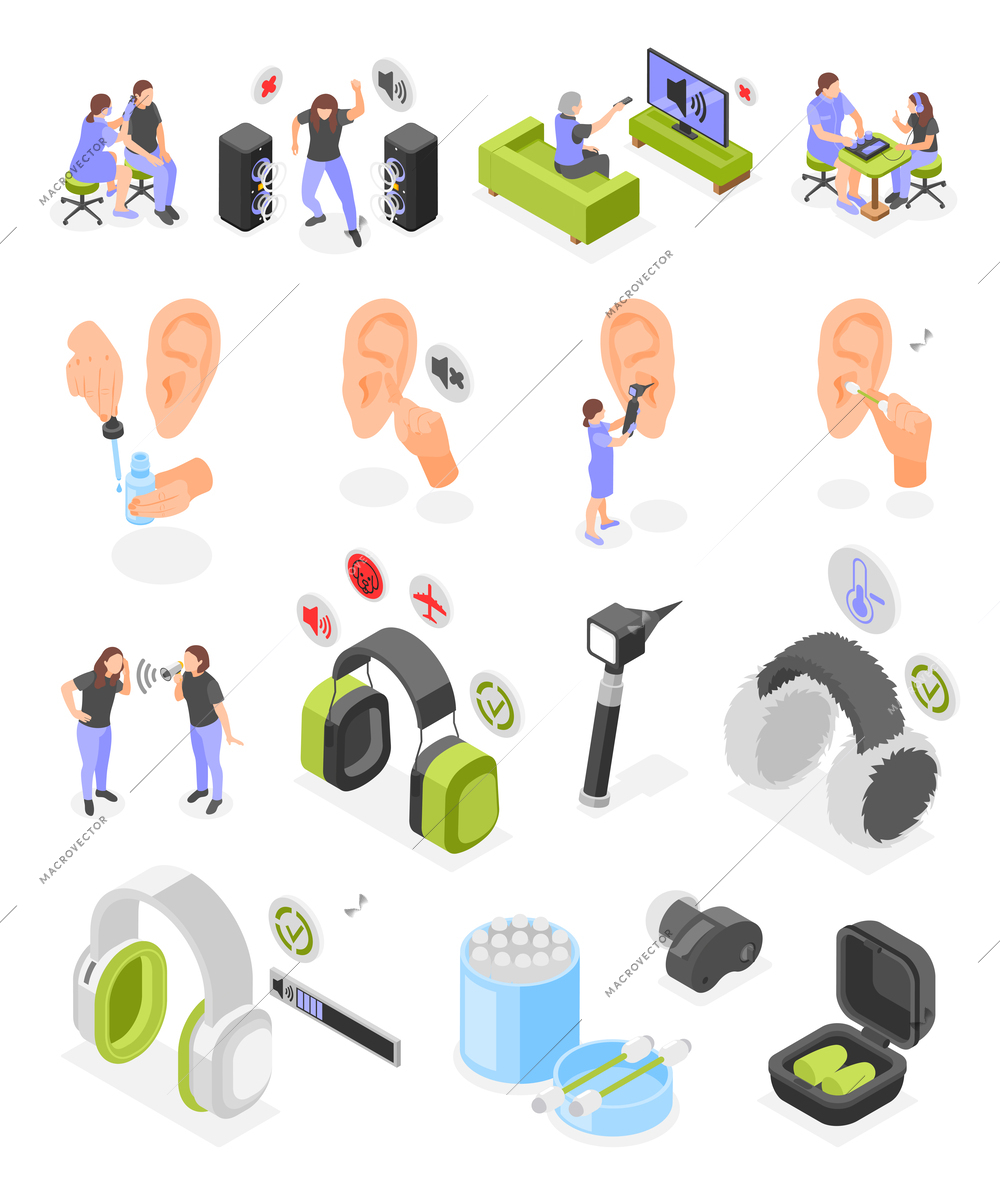 Hearing hygiene isometric icons set of medical tools for ear diagnostics and ear care products isolated vector illustration