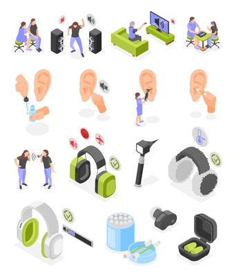 Hearing hygiene isometric icons set of medical tools for ear diagnostics and ear care products isolated vector illustration