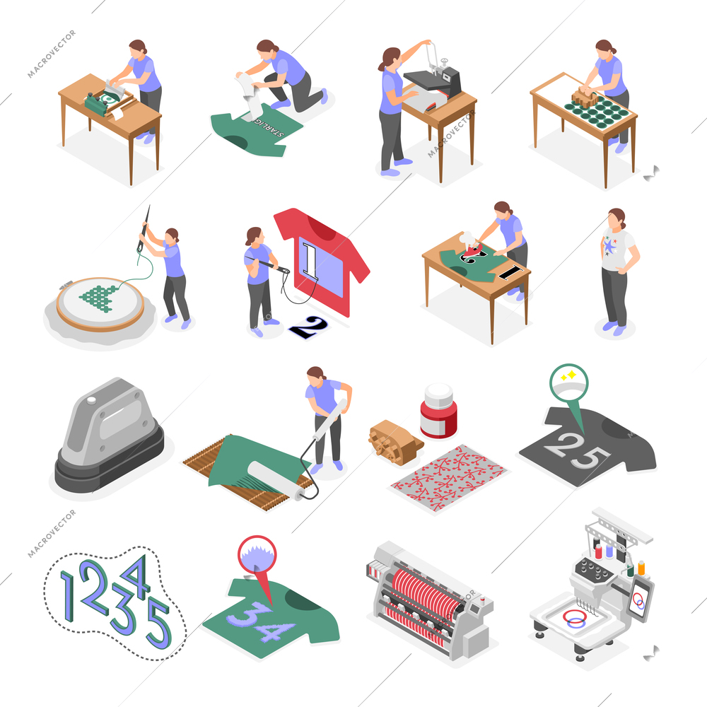 Fabric printing technologies isometric icons set of people creating designs on cloth using silk screen printing and dyeing machine isolated vector illustration
