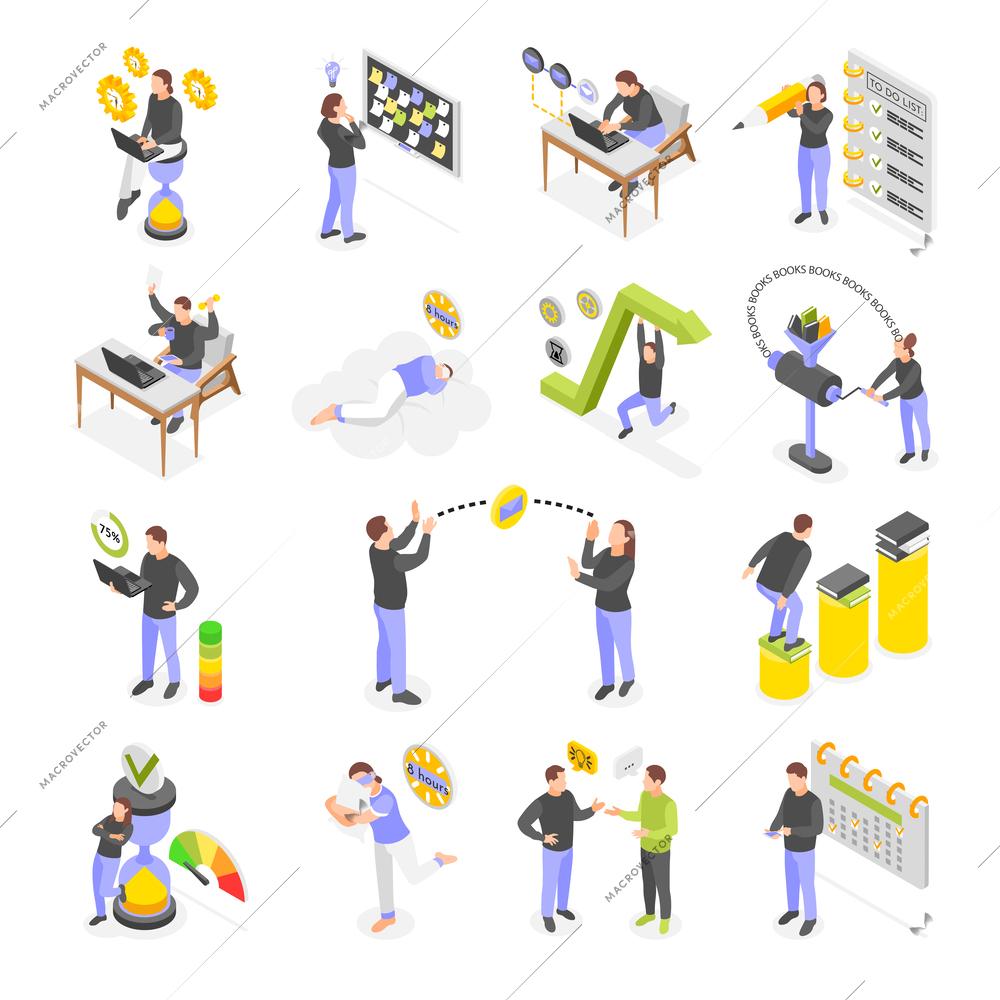 Personal productivity isometric icons set of people planning work doing successful career striving to achieve goal isolated vector illustration