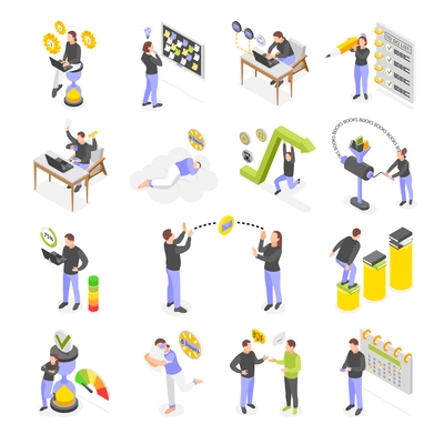 Personal productivity isometric icons set of people planning work doing successful career striving to achieve goal isolated vector illustration