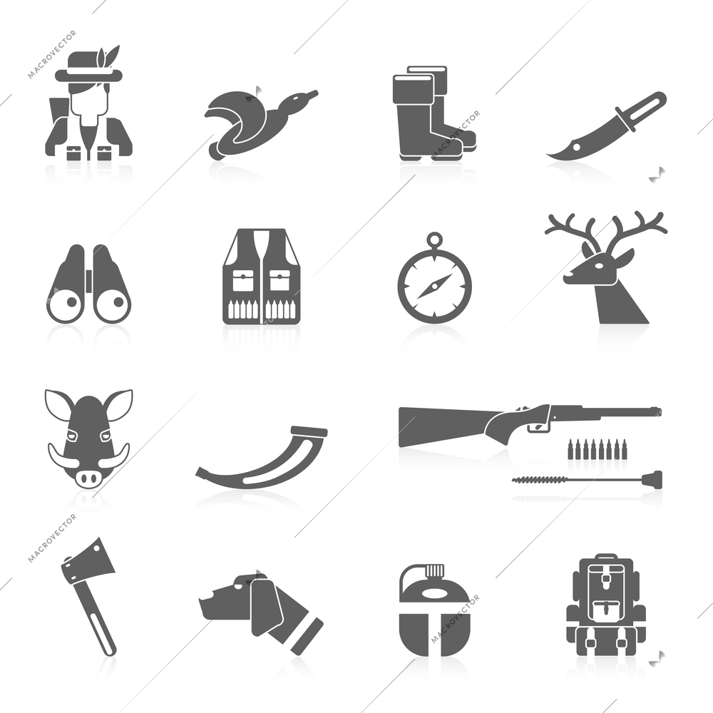 Hunting icon black set with vest horn rifle flask isolated vector illustration