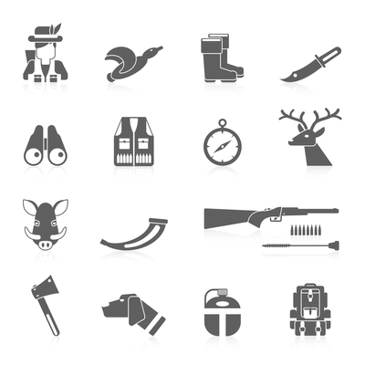 Hunting icon black set with vest horn rifle flask isolated vector illustration