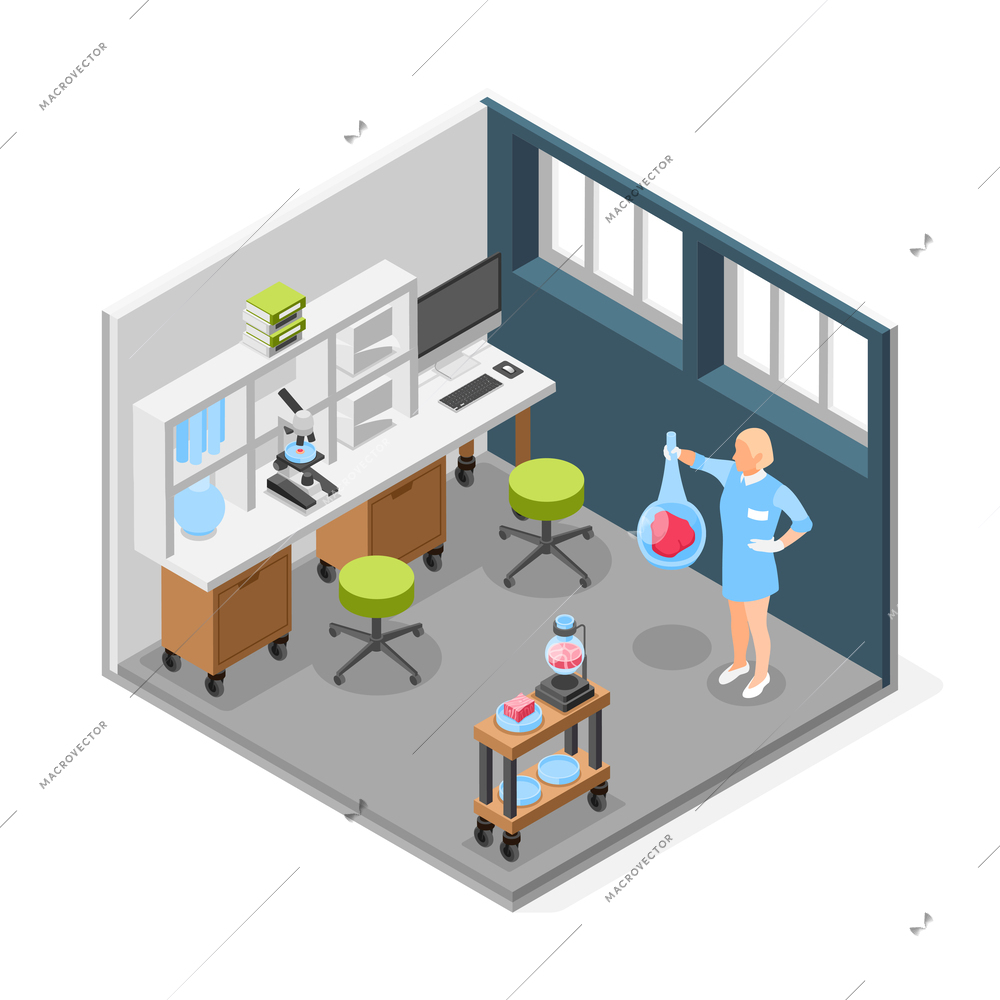 Artificial grown meat lab isometric composition with female scientist holding glassware with synthetic meat isolated vector illustration