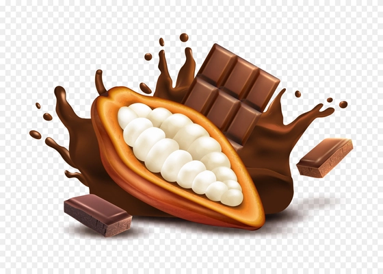 Cocoa realistic composition with raw cocoa beans and chocolate bar at transparent background vector illustration