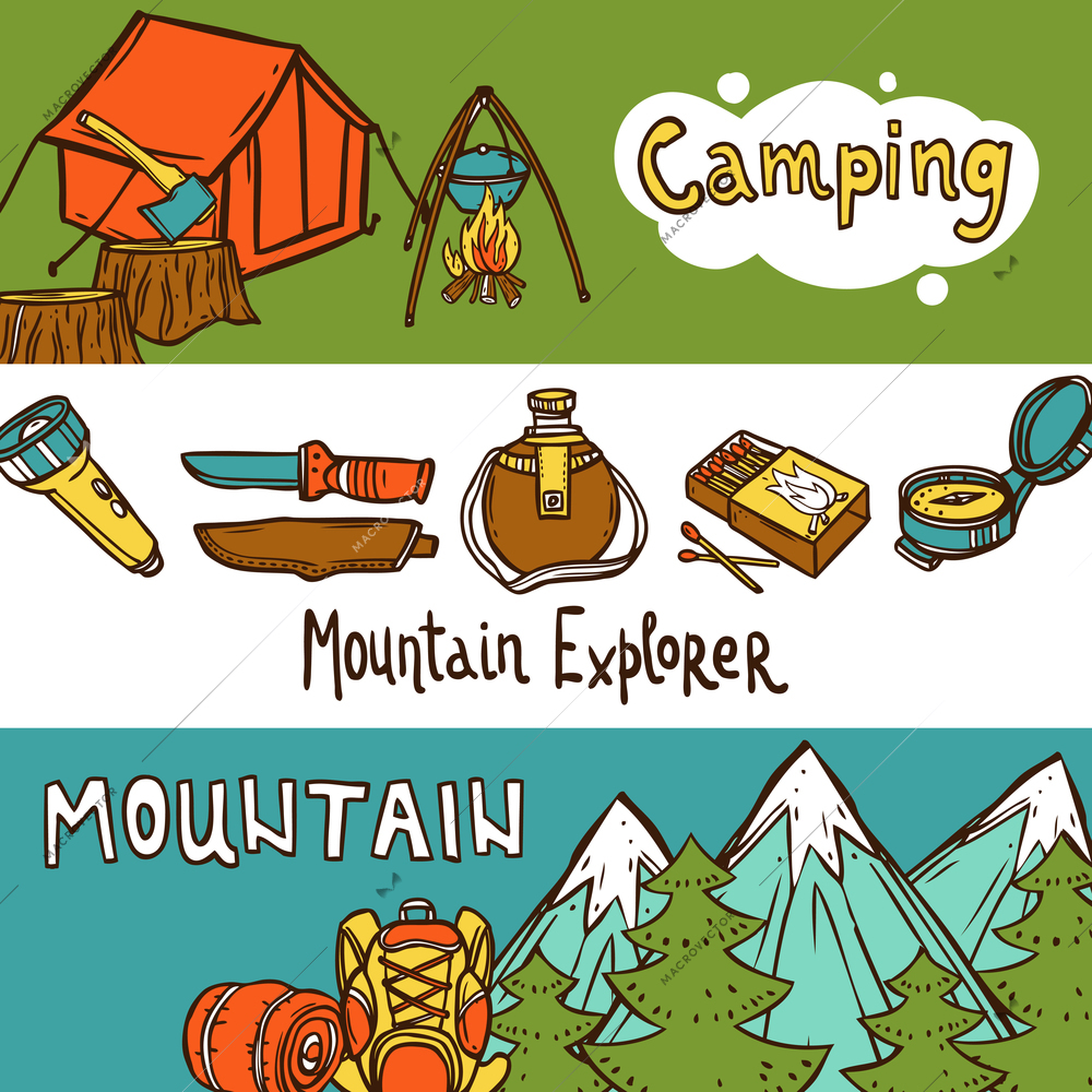 Camping banners horizontal set with mountain explorer hand drawn elements isolated vector illustration