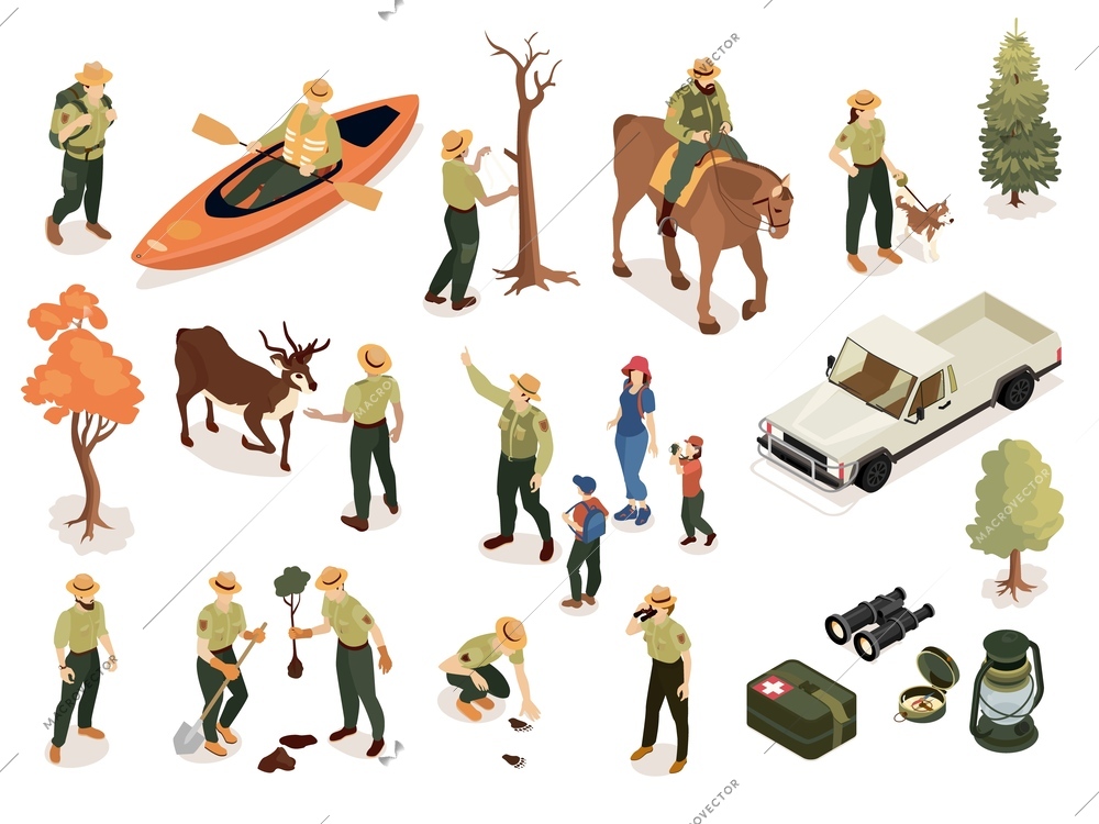 Isometric forest reserve ranger set of isolated icons with inflatable boat pickup truck tools and people vector illustration