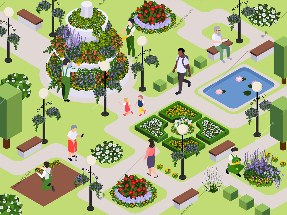 Florist city event flower decoration isometric composition with outdoor view of garden with visitors and gardeners vector illustration